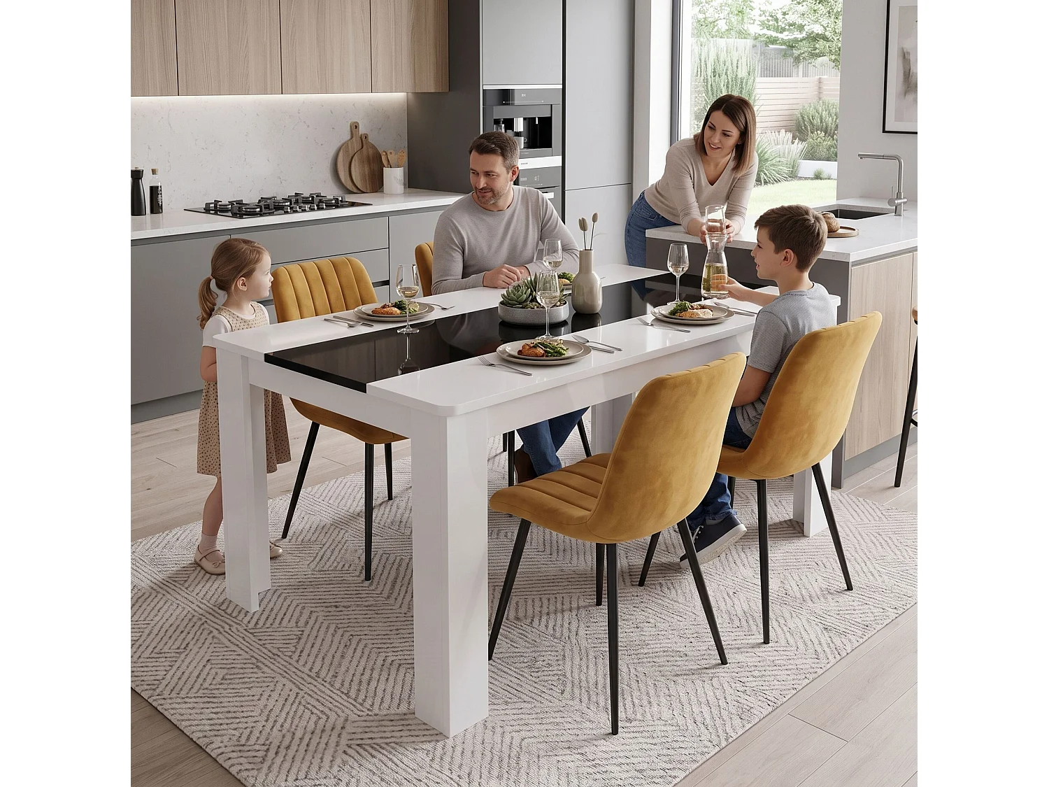 White and Black Dining Table Set with 4 Brown Velvet Chairs 4 Seater Kitchen Dining Furniture Set