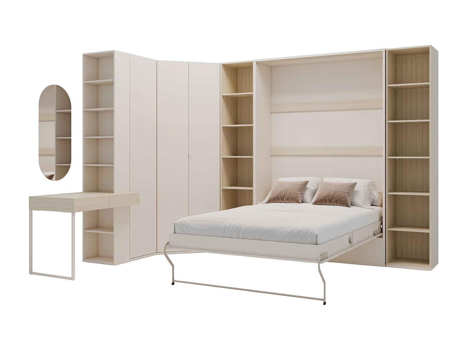 Lit escamotable vertical 140 x 200 cm - Avec 2 bibliothèques, armoire, coiffeuse et armoire d'angle -  Beige et naturel - NILODIA