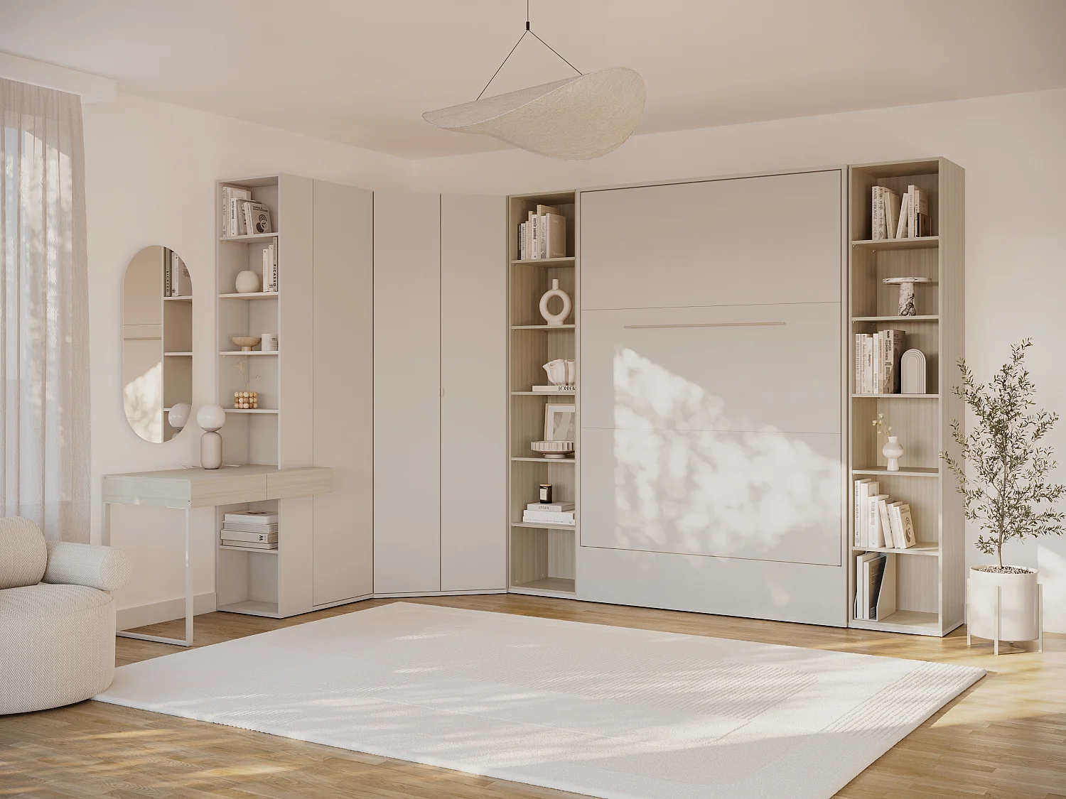 Lit escamotable vertical 140 x 200 cm - Avec 2 bibliothèques, armoire, coiffeuse et armoire d'angle -  Beige et naturel - NILODIA