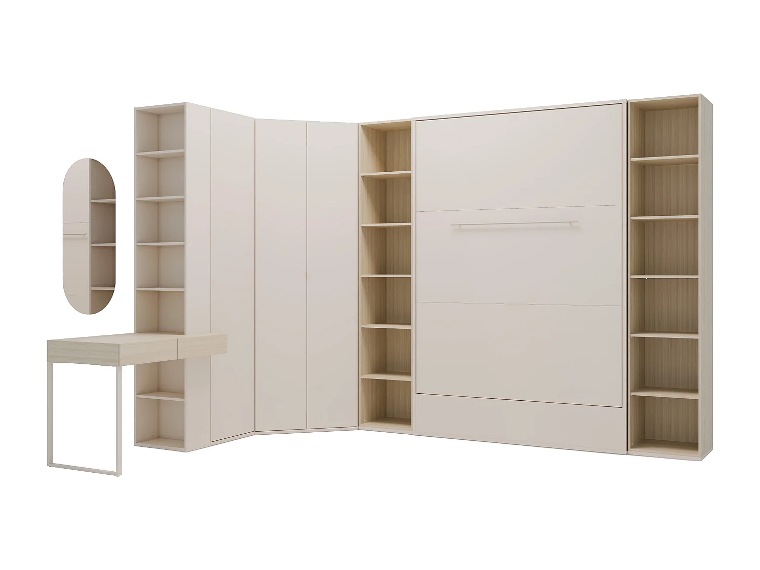 Lit escamotable vertical 140 x 200 cm - Avec 2 bibliothèques, armoire, coiffeuse et armoire d'angle - Beige et naturel + Matelas - NILODIA