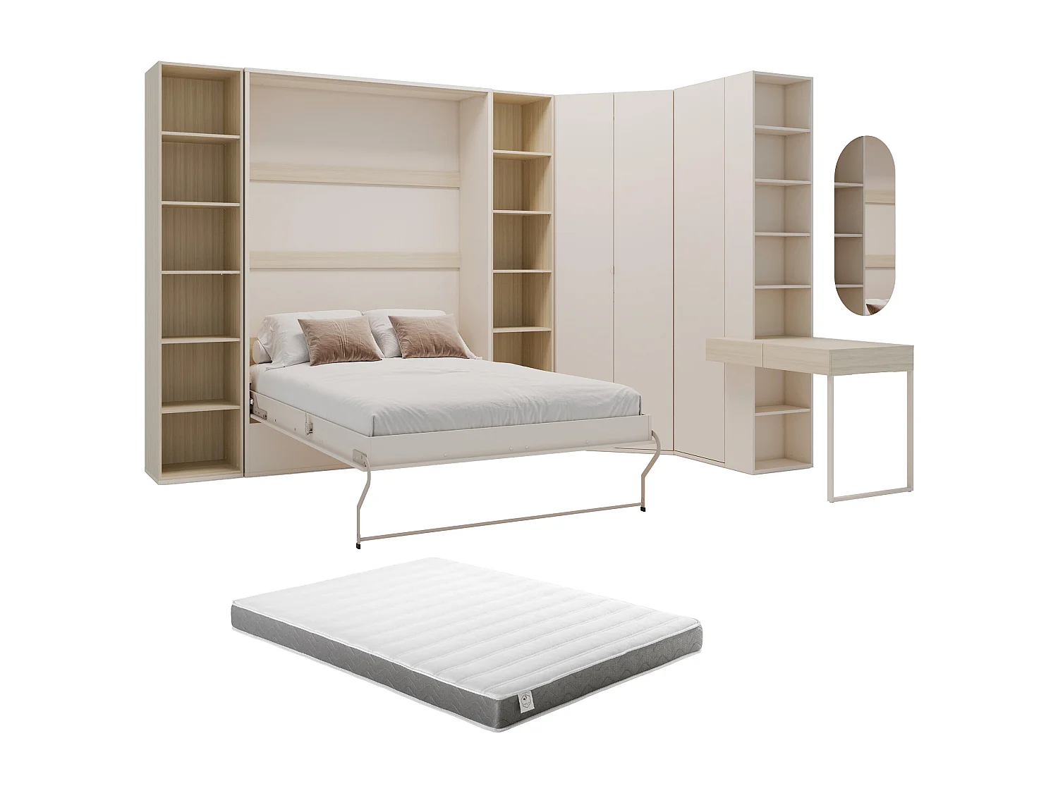 Lit escamotable vertical 140 x 200 cm - Avec 2 bibliothèques, armoire, coiffeuse et armoire d'angle - Beige et naturel + Matelas - NILODIA