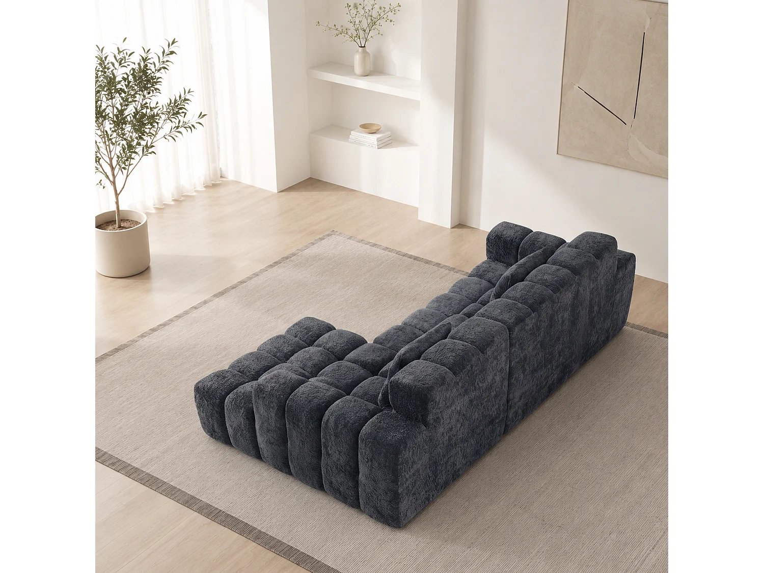Canapé d'angle modulable 3 places en tissu chenille – Assise profonde - Gris