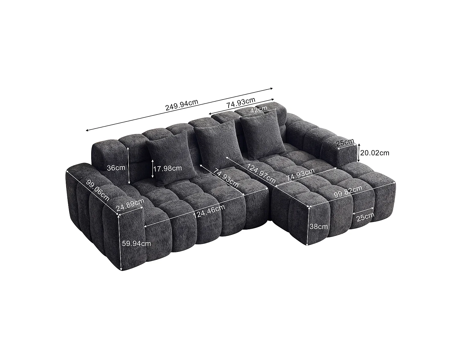 Canapé d'angle modulable 3 places en tissu chenille – Assise profonde - Gris