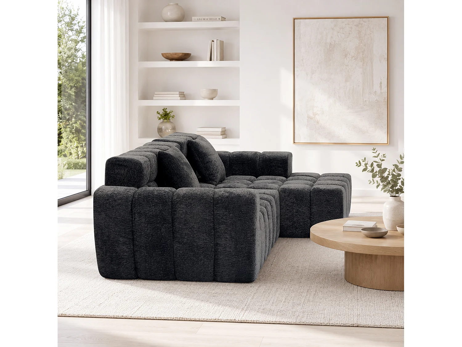 Canapé d'angle modulable 3 places en tissu chenille – Assise profonde - Gris