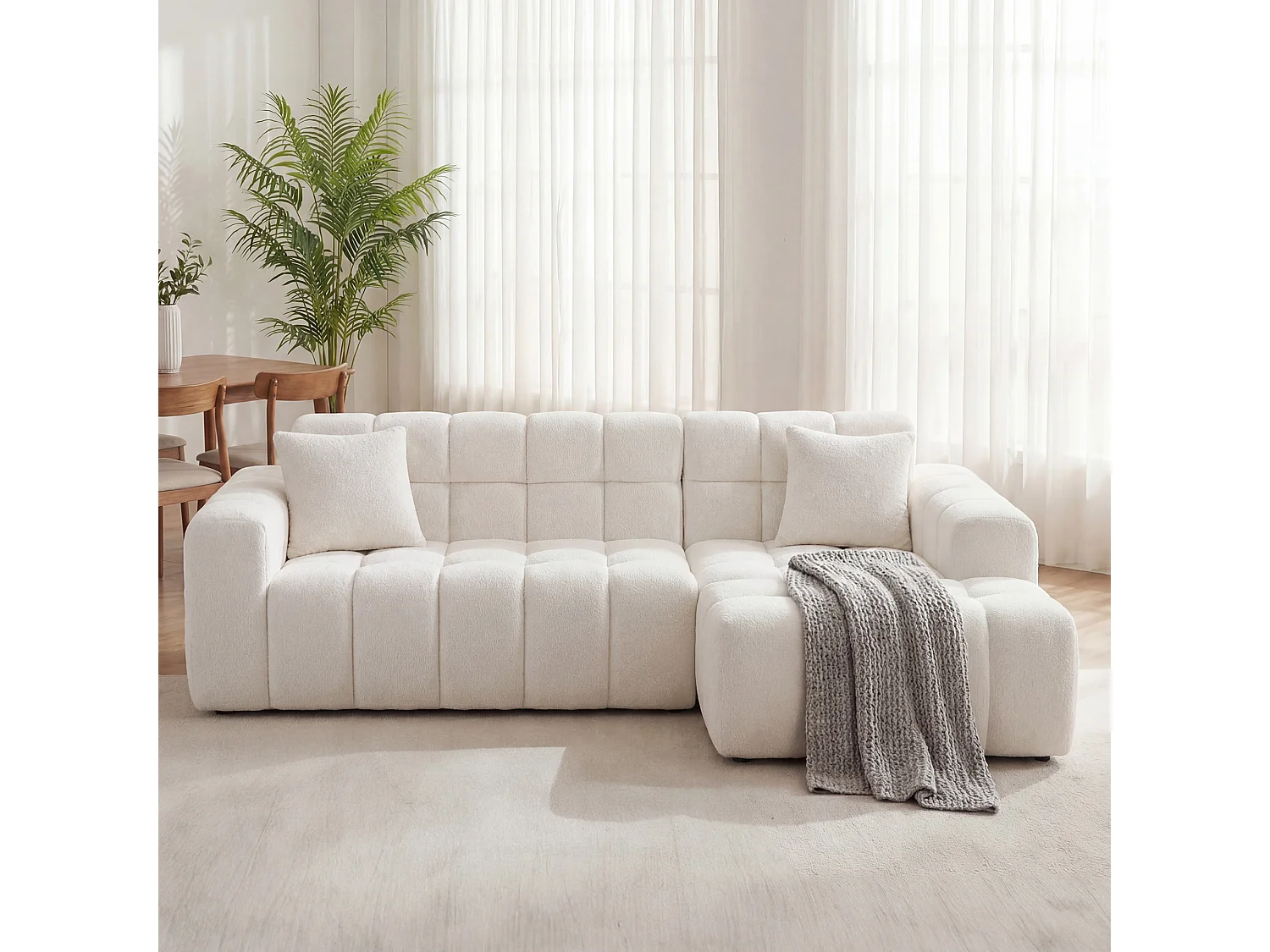 Canapé d'angle modulable 3 places en tissu chenille – Assise profonde - Blanc