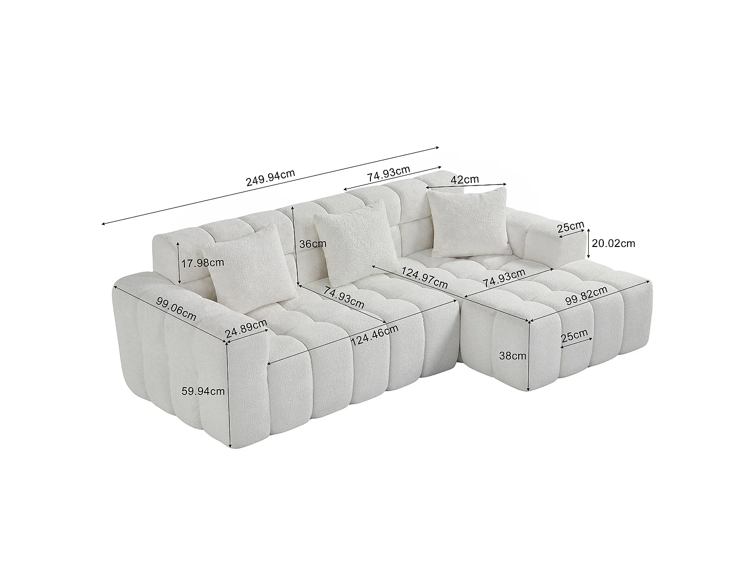 Canapé d'angle modulable 3 places en tissu chenille – Assise profonde - Blanc