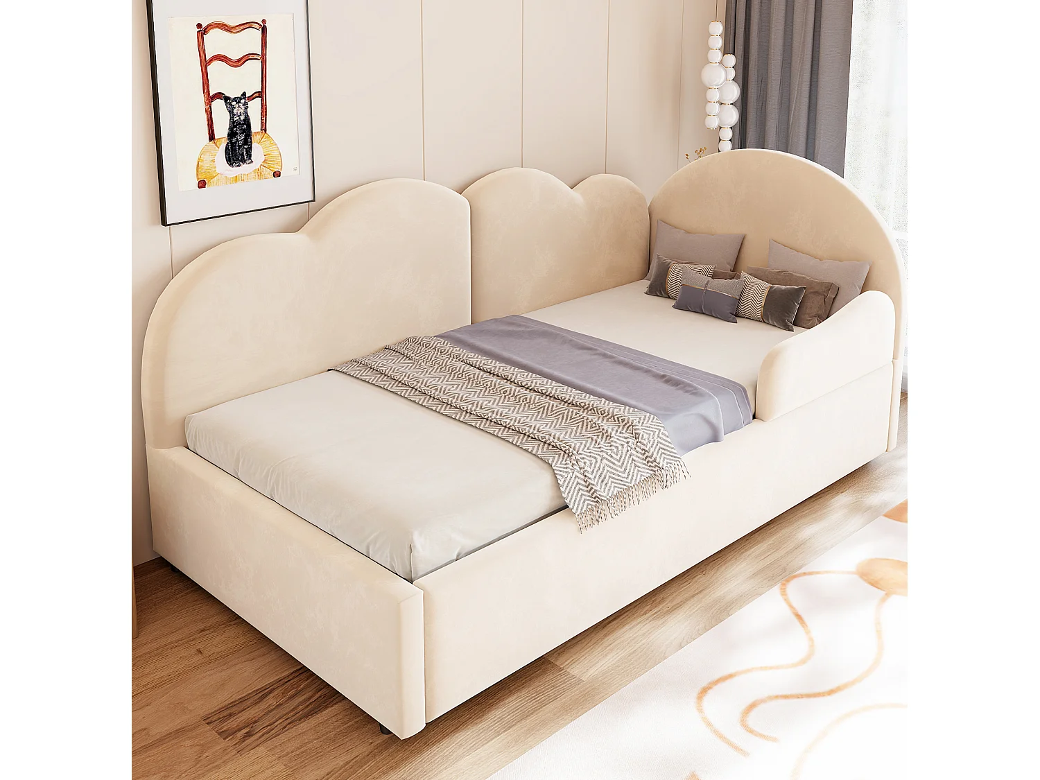 Lit banquette extensible 90 x 200 cm et 90 x 190 cm - Velours beige