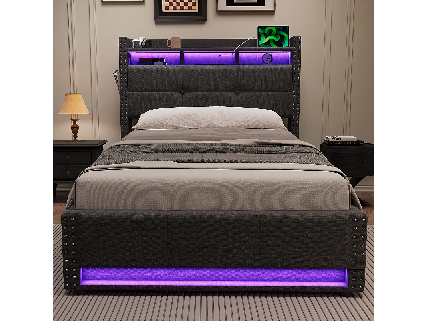 Lit coffre simple 90x200 cm en tissu lin avec LED et ports USB – Gris foncé