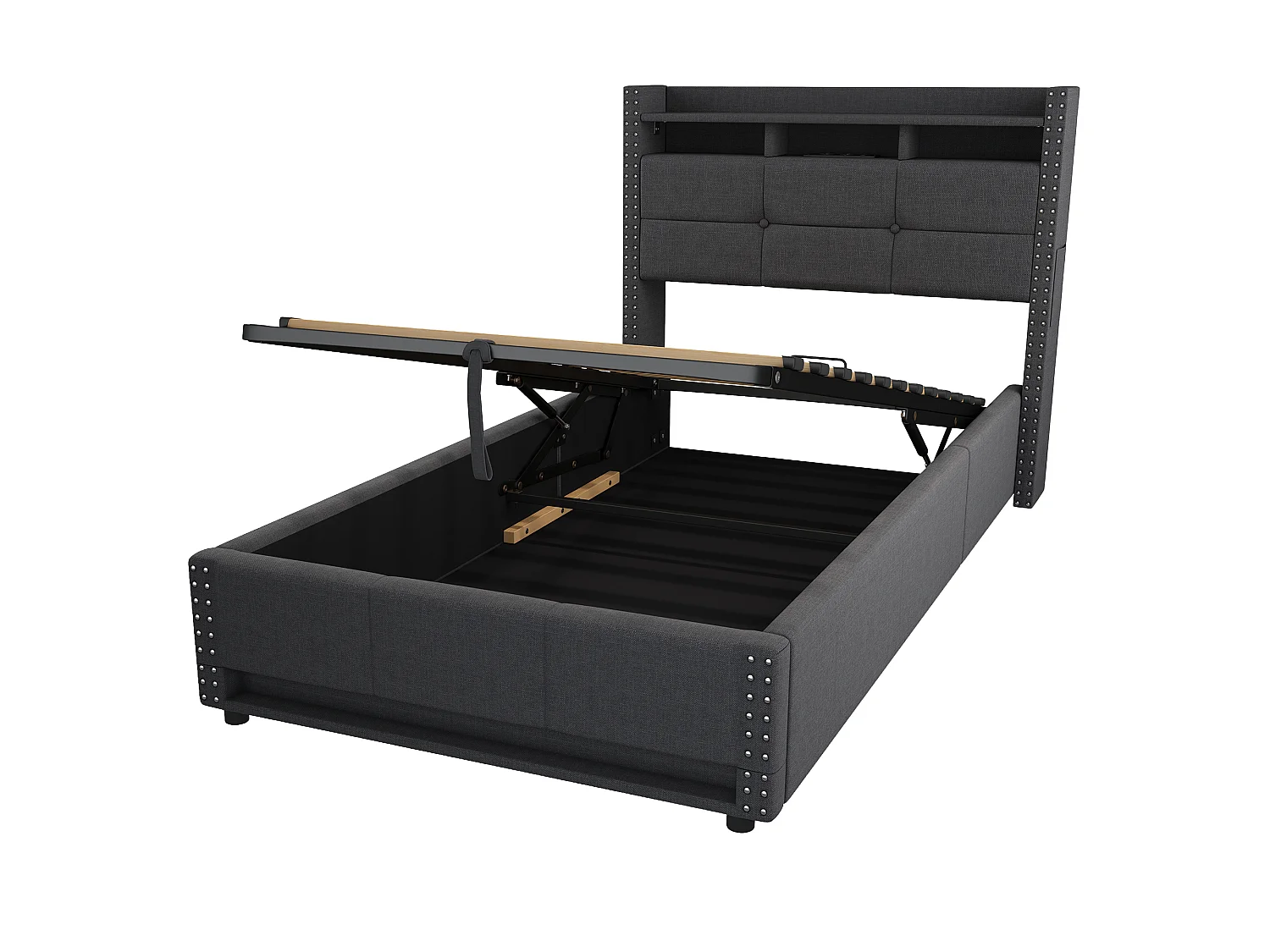 Lit coffre simple 90x200 cm en tissu lin avec LED et ports USB – Gris foncé