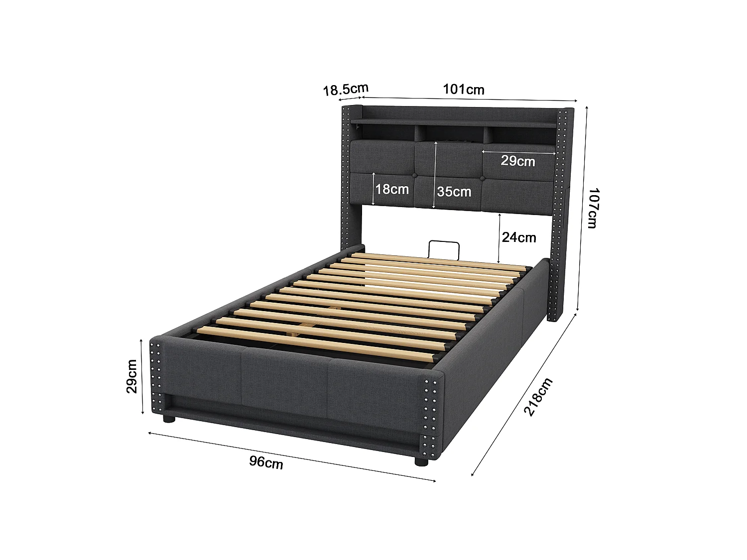 Lit coffre simple 90x200 cm en tissu lin avec LED et ports USB – Gris foncé