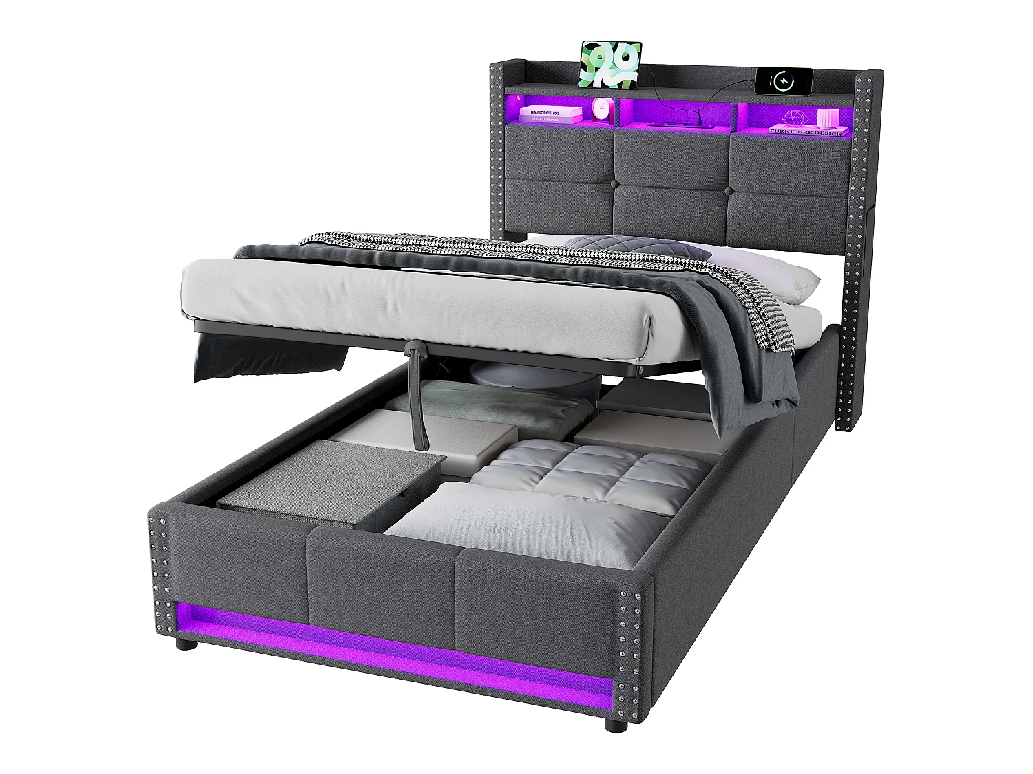 Lit coffre simple 90x200 cm en tissu lin avec LED et ports USB – Gris foncé