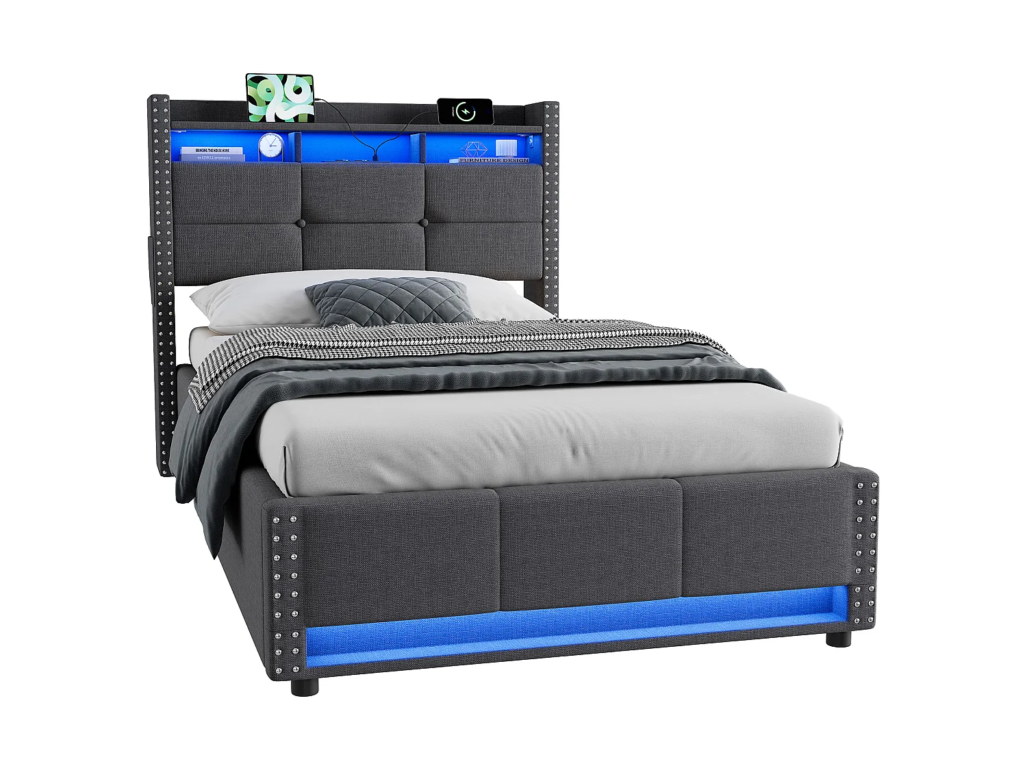 Lit coffre simple 90x200 cm en tissu lin avec LED et ports USB – Gris foncé