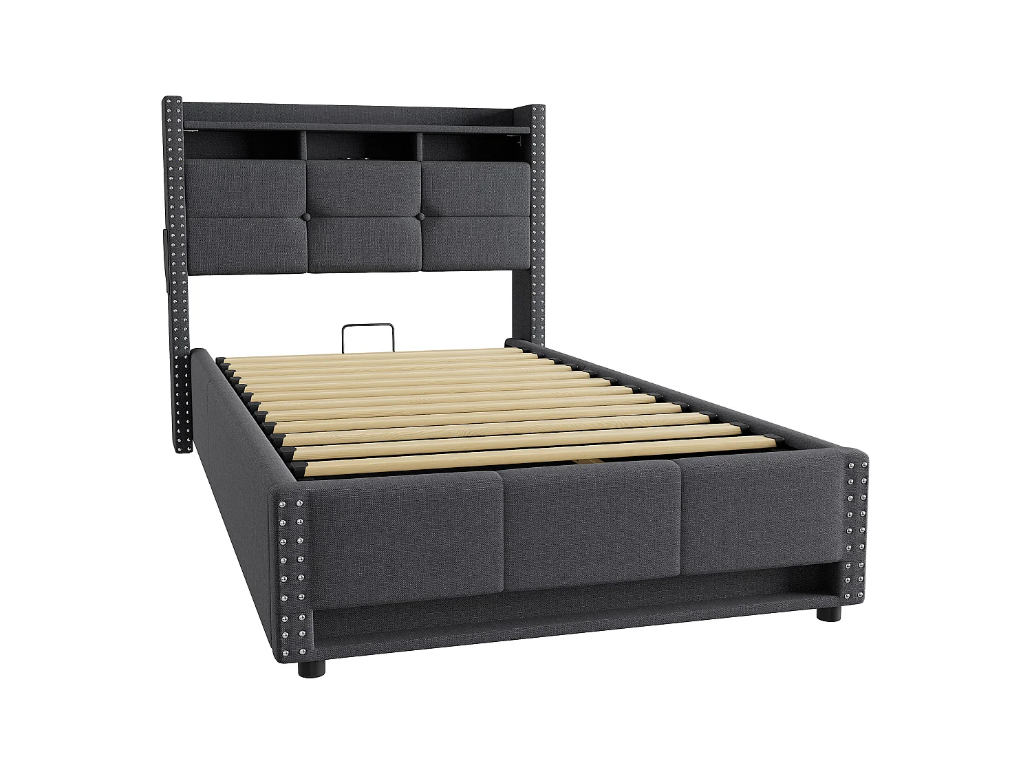 Lit coffre simple 90x200 cm en tissu lin avec LED et ports USB – Gris foncé