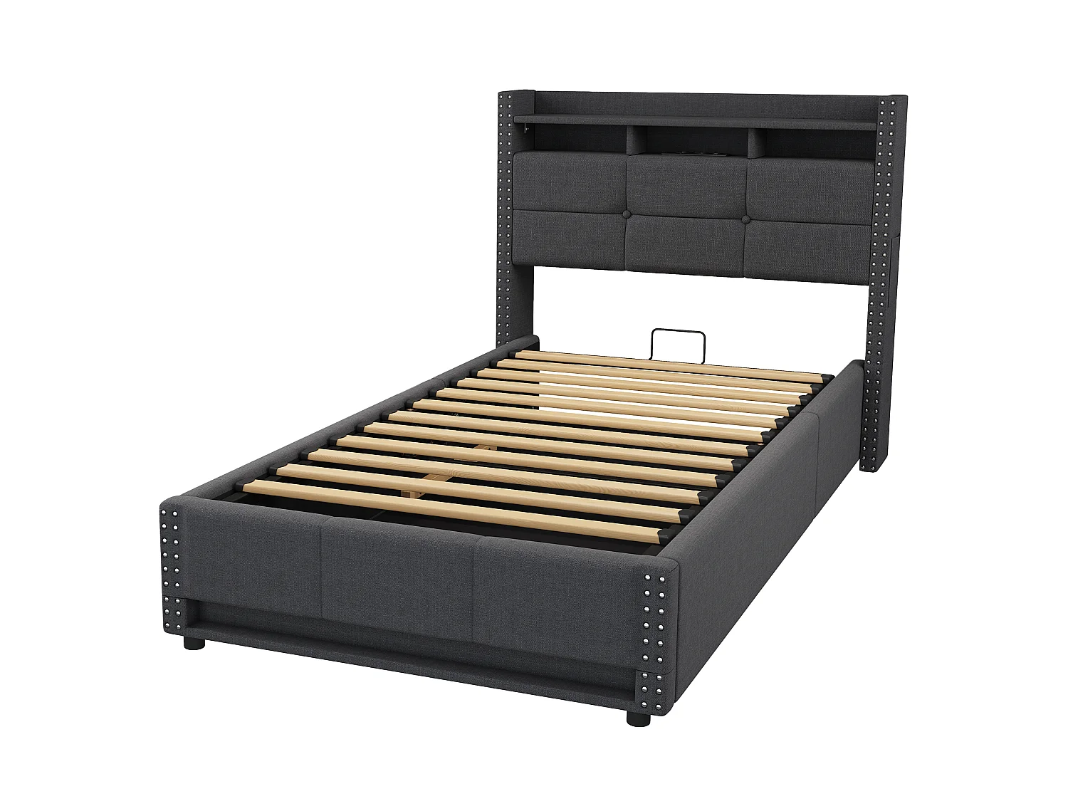 Lit coffre simple 90x200 cm en tissu lin avec LED et ports USB – Gris foncé