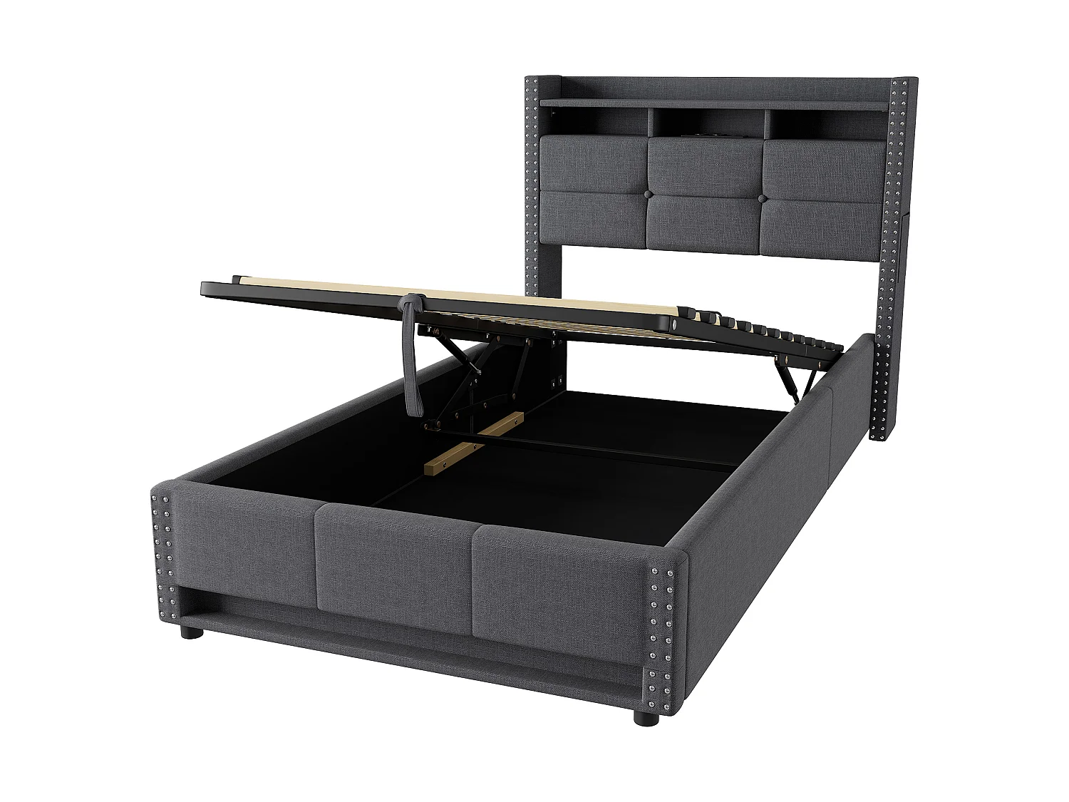 Lit coffre simple 90x200 cm en tissu lin avec LED et ports USB – Gris foncé