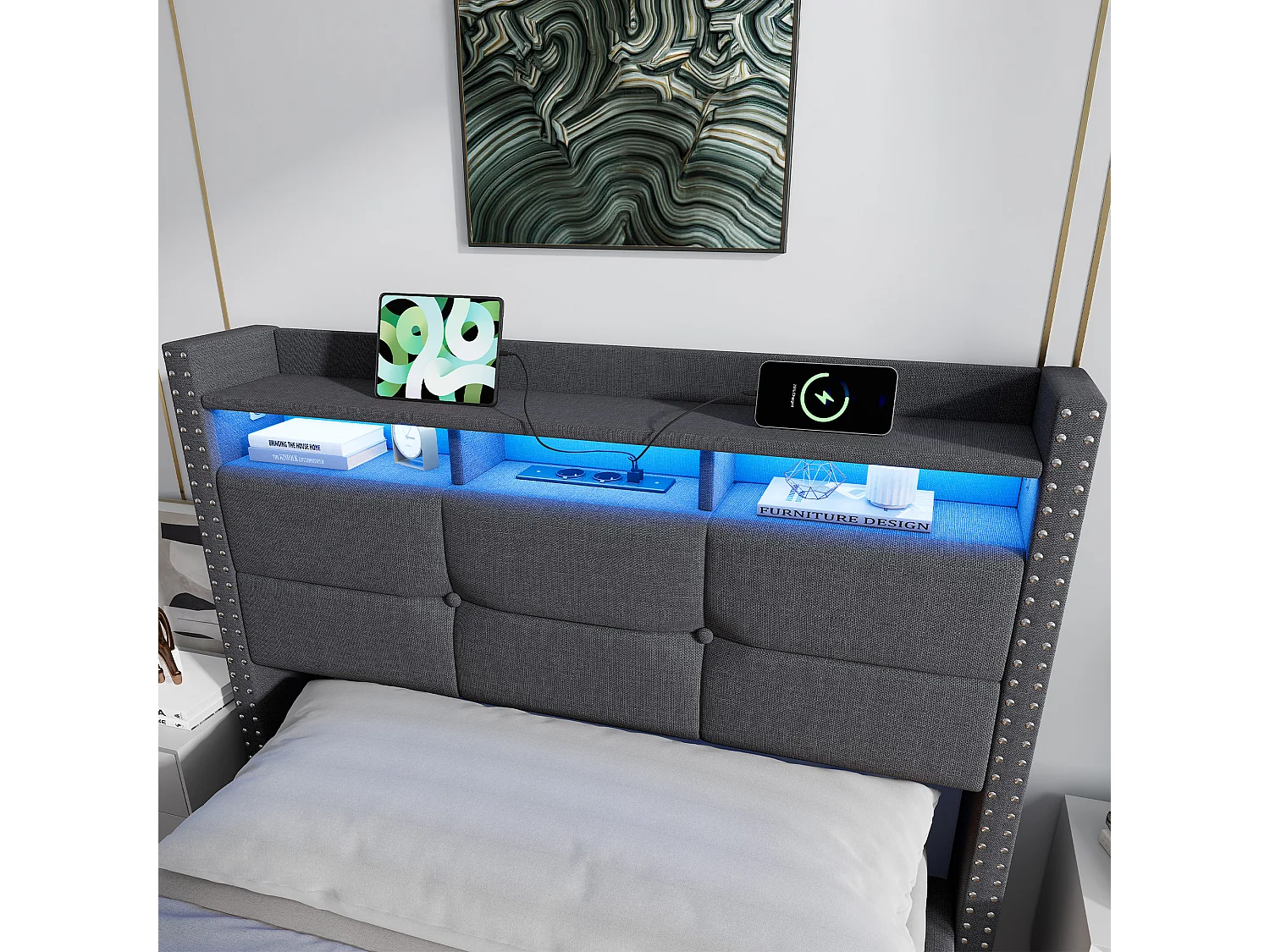 Lit coffre simple 90x200 cm en tissu lin avec LED et ports USB – Gris foncé