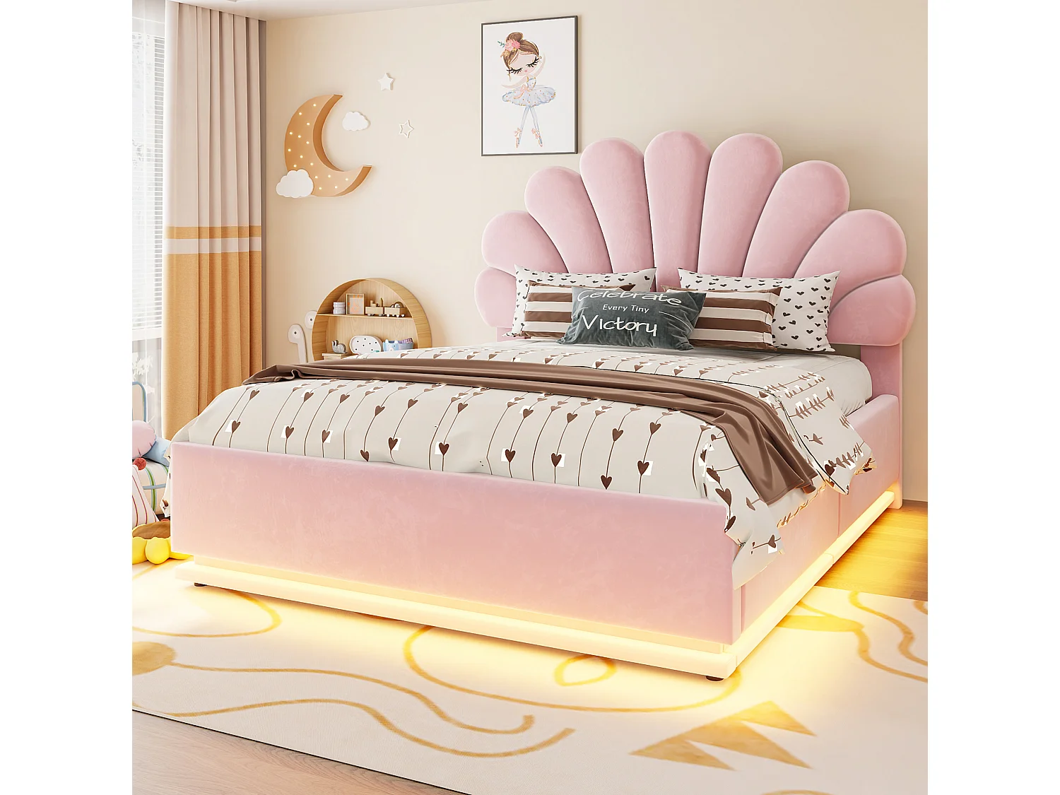 Lit coffre adulte 140 x 200 cm en velours avec éclairage LED - Rose