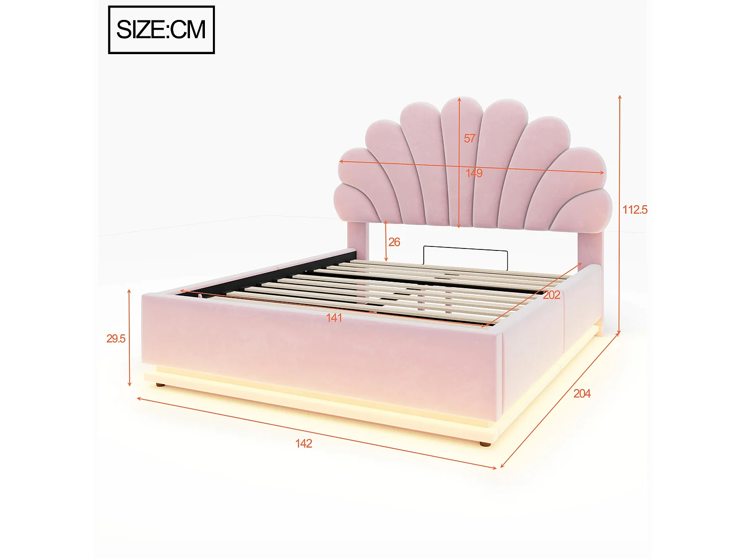 Lit coffre adulte 140 x 200 cm en velours avec éclairage LED - Rose