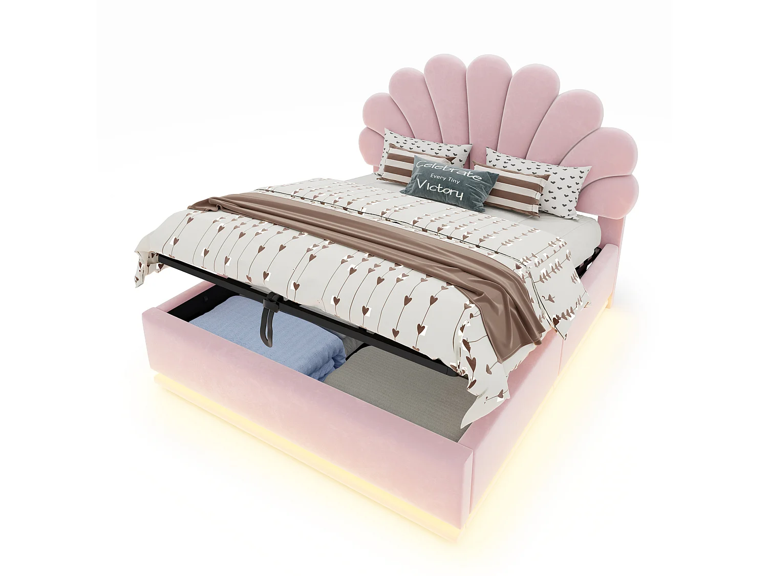 Lit coffre adulte 140 x 200 cm en velours avec éclairage LED - Rose
