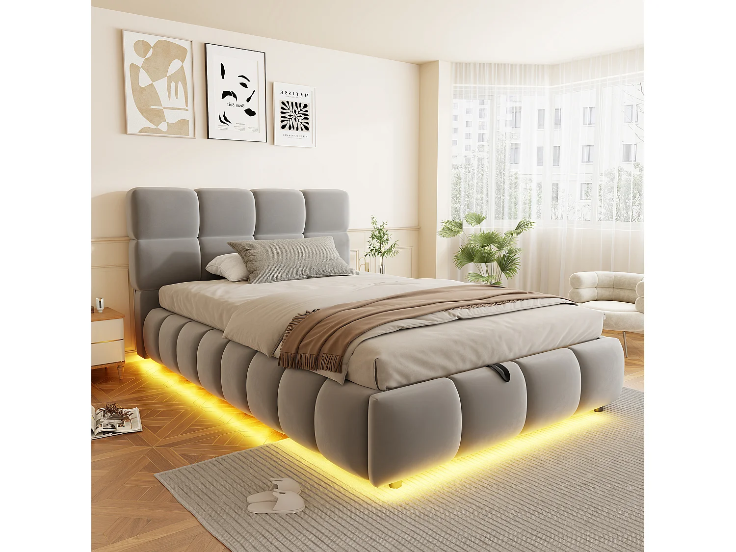 Lit coffre enfant 90 x 200 cm avec bandeau lumineux - Velours gris