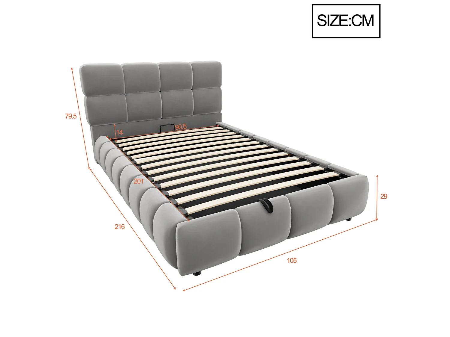 Lit coffre enfant 90 x 200 cm avec bandeau lumineux - Velours gris