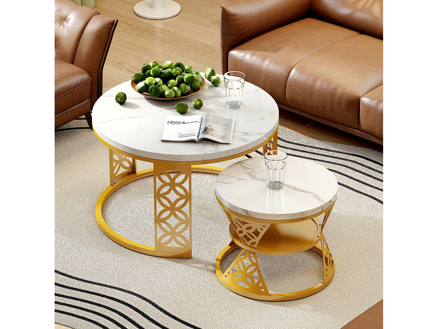 Table basse gigogne 70 cm et 45 cm - Plateau effet marbre - Blanc et doré
