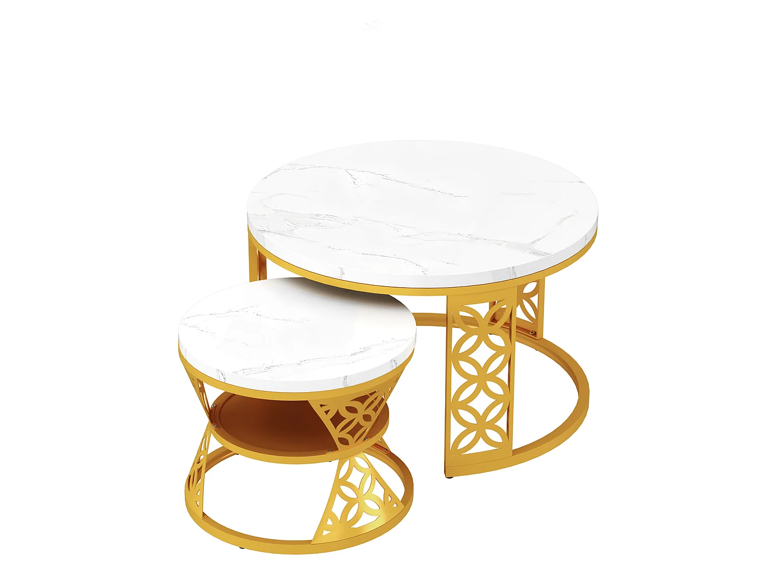 Table basse gigogne 70 cm et 45 cm - Plateau effet marbre - Blanc et doré
