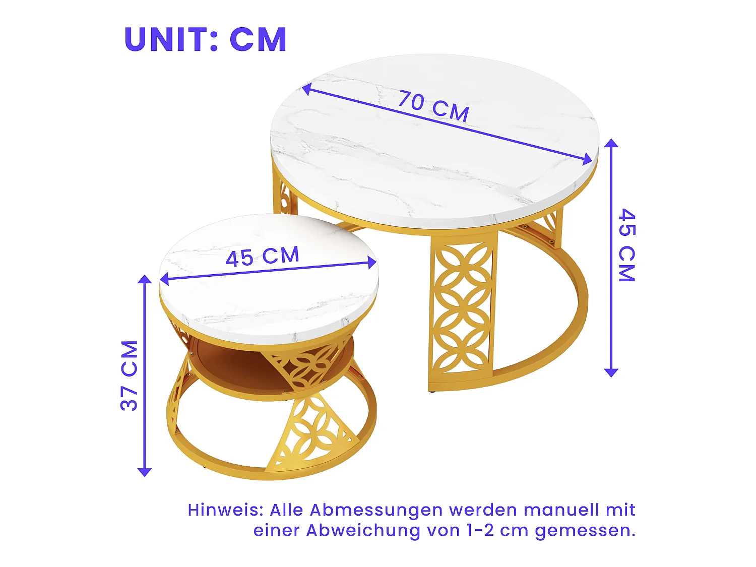 Table basse gigogne 70 cm et 45 cm - Plateau effet marbre - Blanc et doré