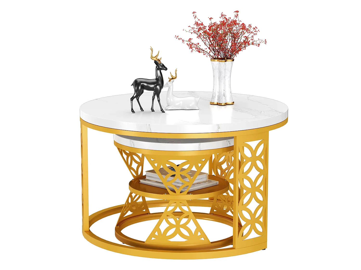 Table basse gigogne 70 cm et 45 cm - Plateau effet marbre - Blanc et doré