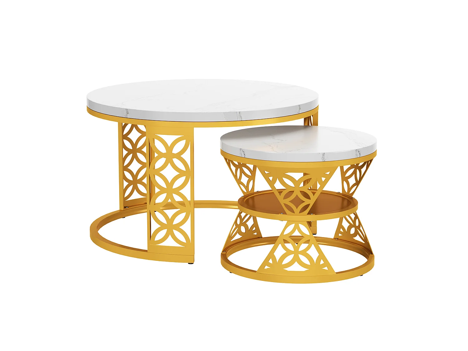 Table basse gigogne 70 cm et 45 cm - Plateau effet marbre - Blanc et doré