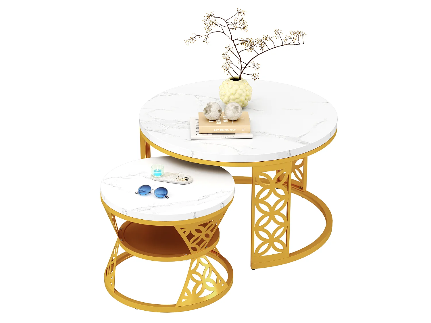 Table basse gigogne 70 cm et 45 cm - Plateau effet marbre - Blanc et doré