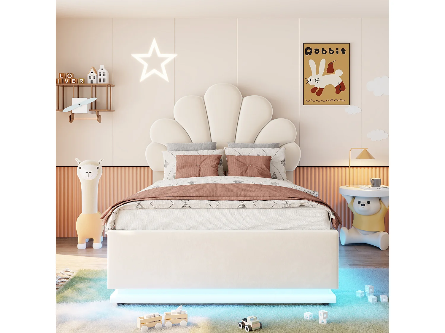 Lit coffre 90 x 200 cm en velours avec éclairage LED - Beige