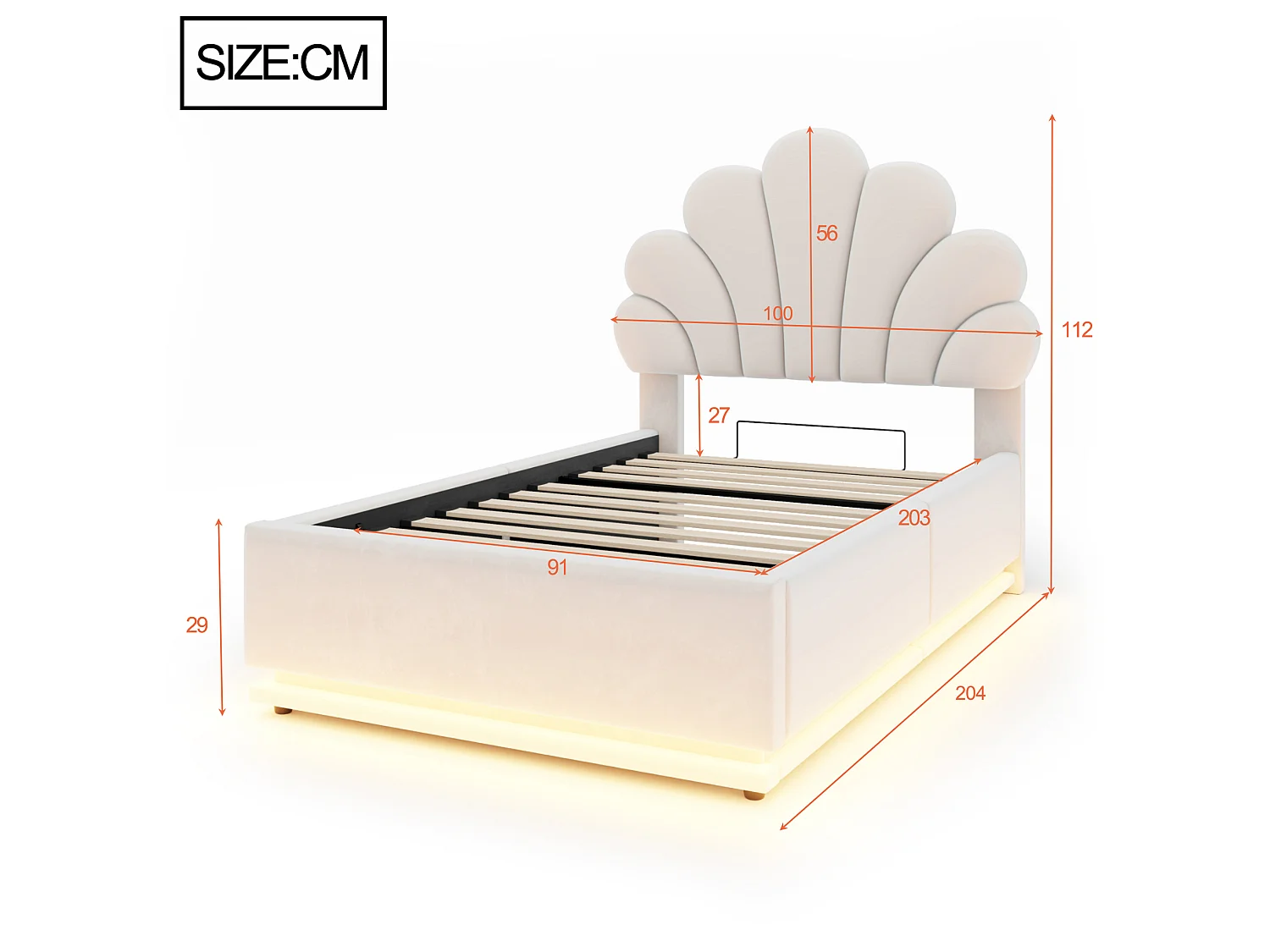 Lit coffre 90 x 200 cm en velours avec éclairage LED - Beige
