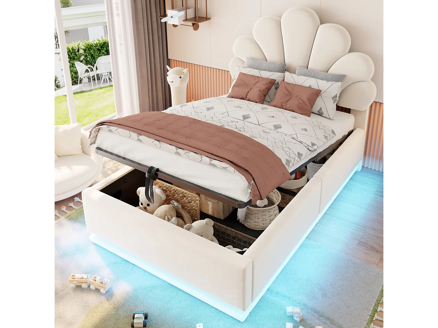 Lit coffre 90 x 200 cm en velours avec éclairage LED - Beige