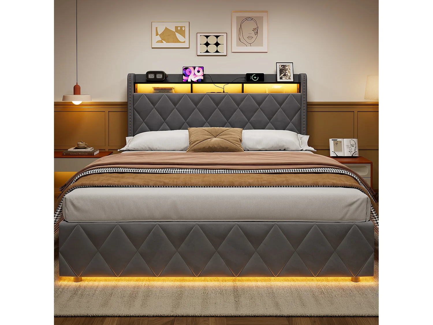 Letto contenitore in velluto con LED e porte USB – Grigio scuro (160x200 cm)