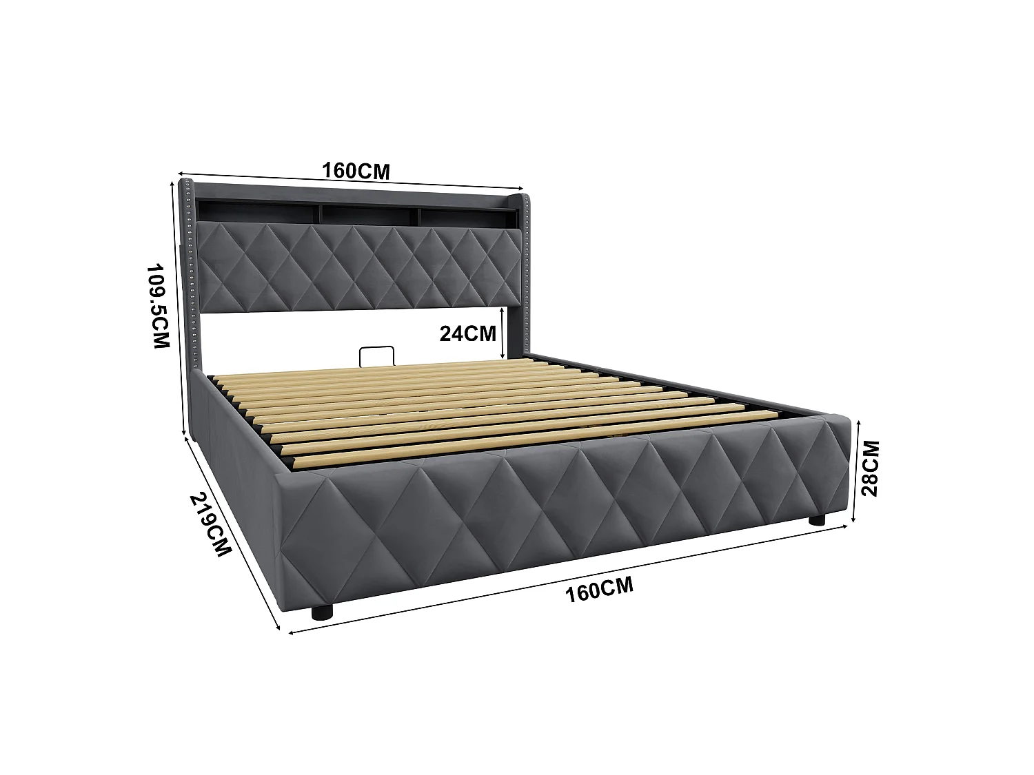Letto contenitore in velluto con LED e porte USB – Grigio scuro (160x200 cm)