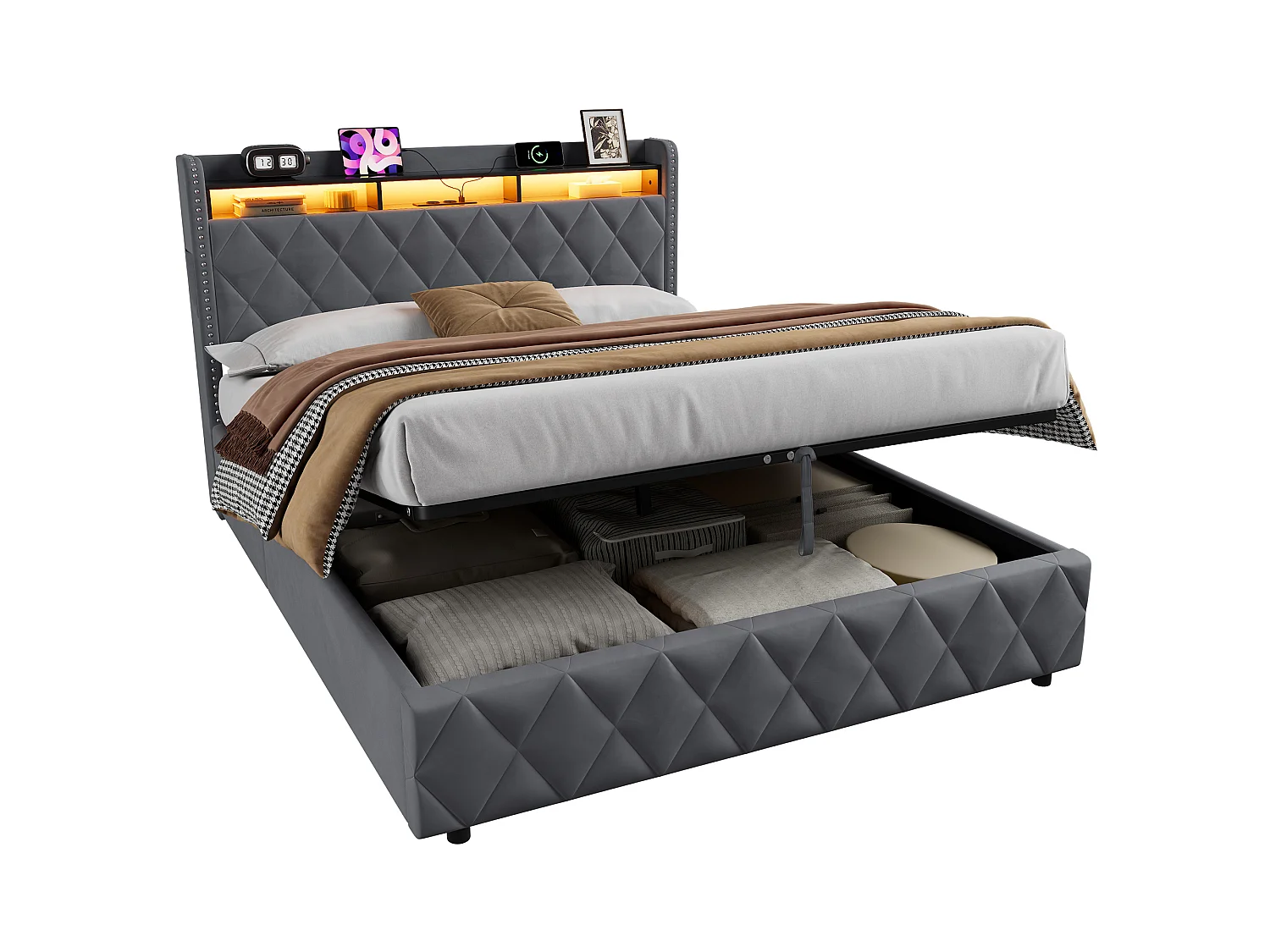 Letto contenitore in velluto con LED e porte USB – Grigio scuro (160x200 cm)