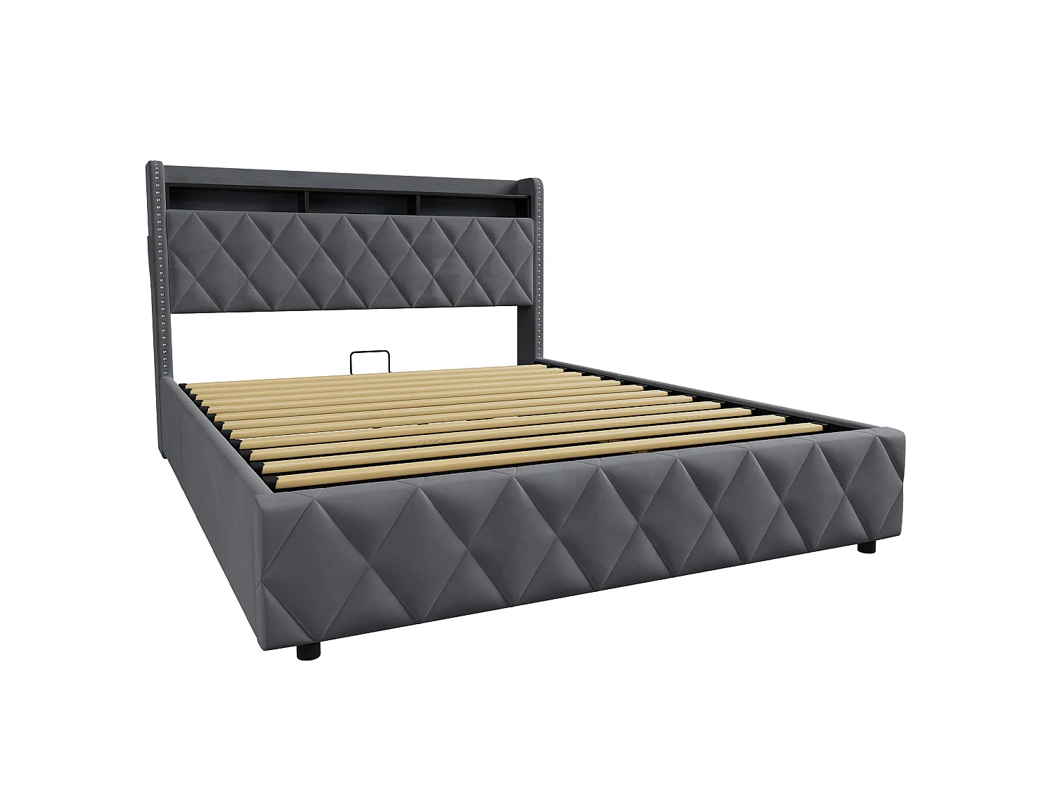 Letto contenitore in velluto con LED e porte USB – Grigio scuro (160x200 cm)