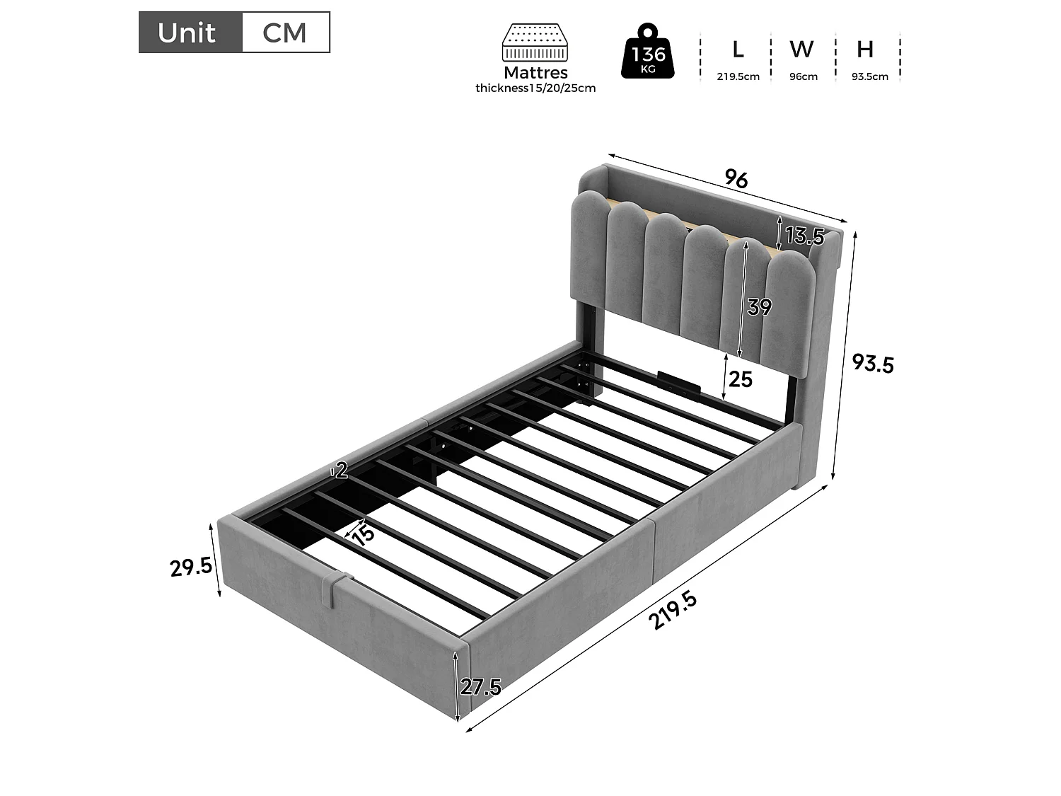 Lit coffre 90 x 200 cm en velours avec USB et Type-C - Lit enfant gris