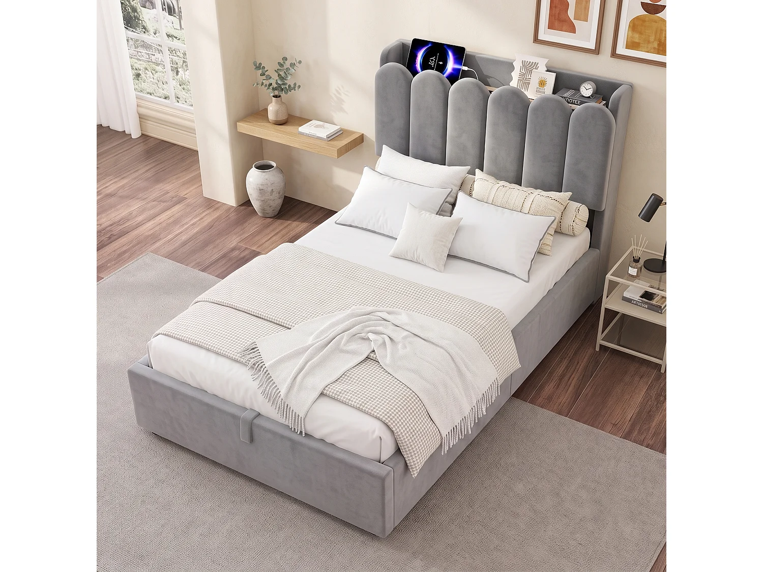 Lit coffre 90 x 200 cm en velours avec USB et Type-C - Lit enfant gris
