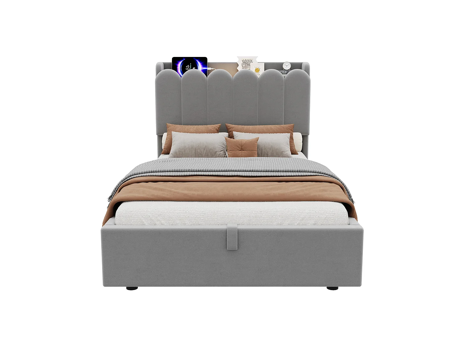 Lit coffre 90 x 200 cm en velours avec USB et Type-C - Lit enfant gris