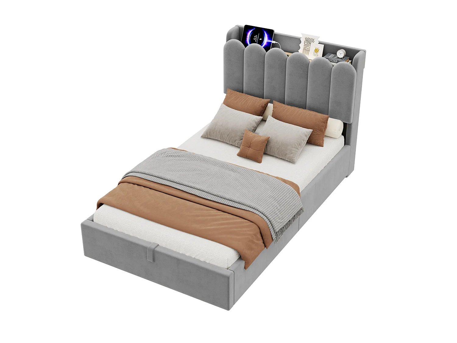 Lit coffre 90 x 200 cm en velours avec USB et Type-C - Lit enfant gris