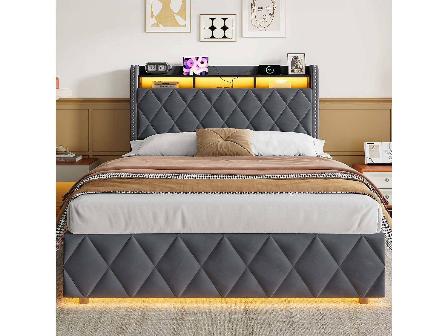 Letto contenitore in velluto con LED e porte USB – Grigio scuro (140x200 cm)