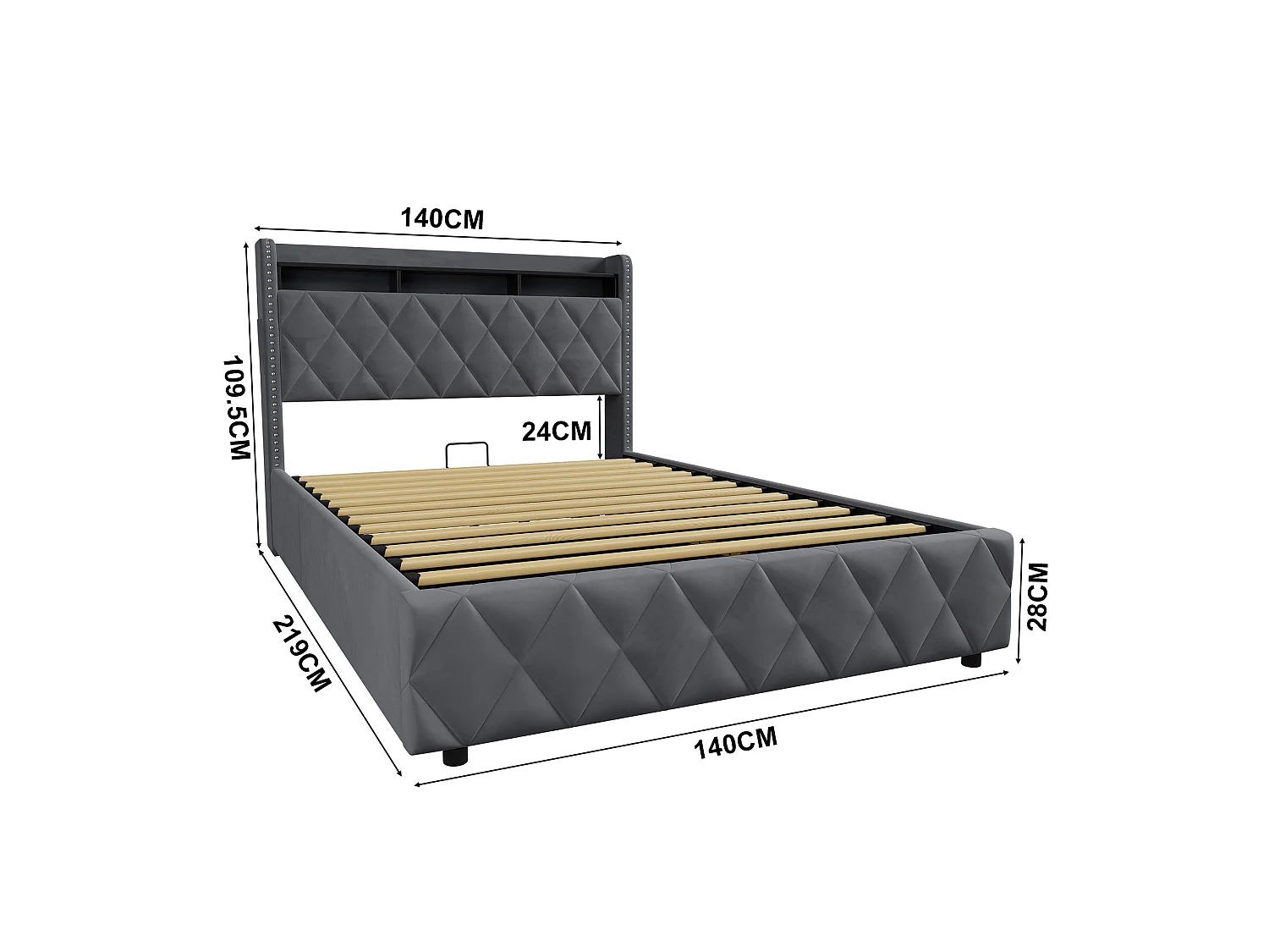 Letto contenitore in velluto con LED e porte USB – Grigio scuro (140x200 cm)