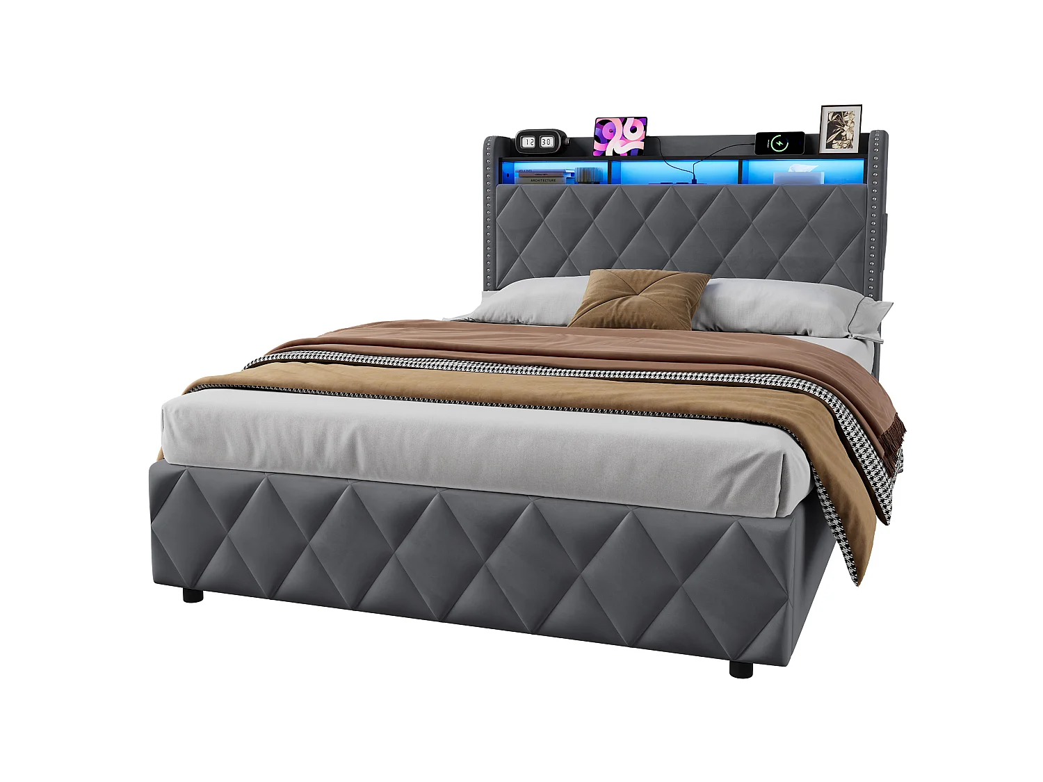 Letto contenitore in velluto con LED e porte USB – Grigio scuro (140x200 cm)
