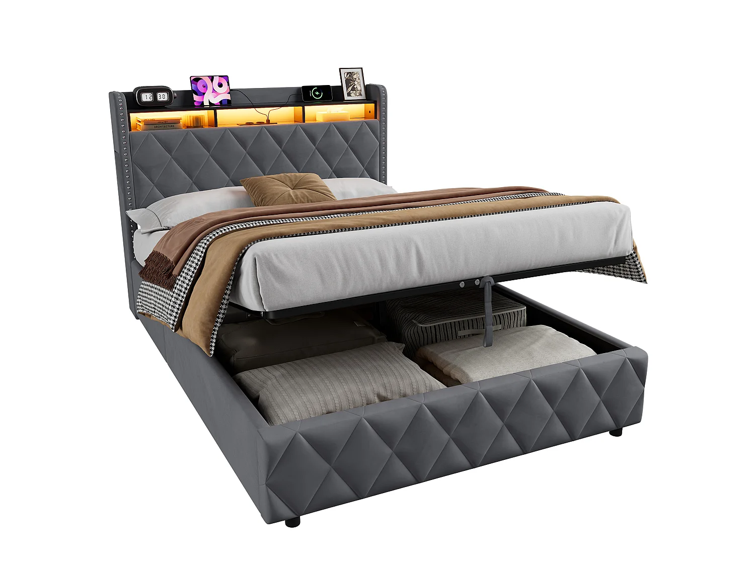 Letto contenitore in velluto con LED e porte USB – Grigio scuro (140x200 cm)