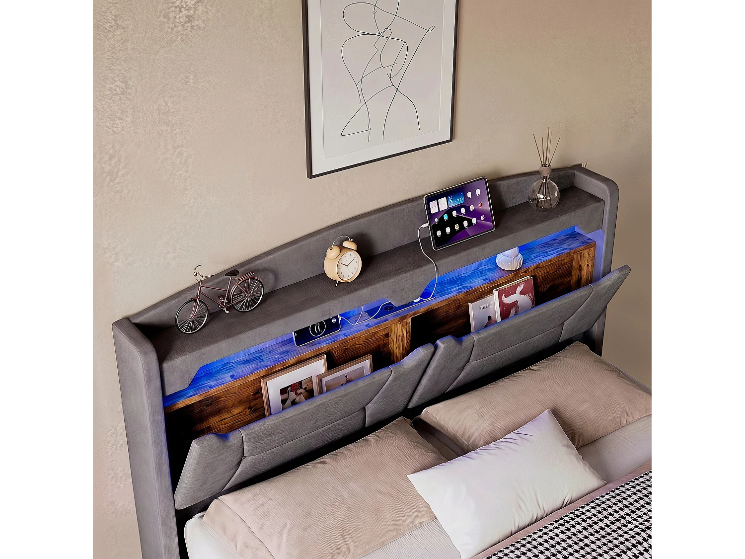 Lit 140x190 avec Sommier,Lit coffre avec LED RGB Réglable,Chargement Sans Fil et Étagère Lits Flottant Rembourré,Gris Tissu Lin