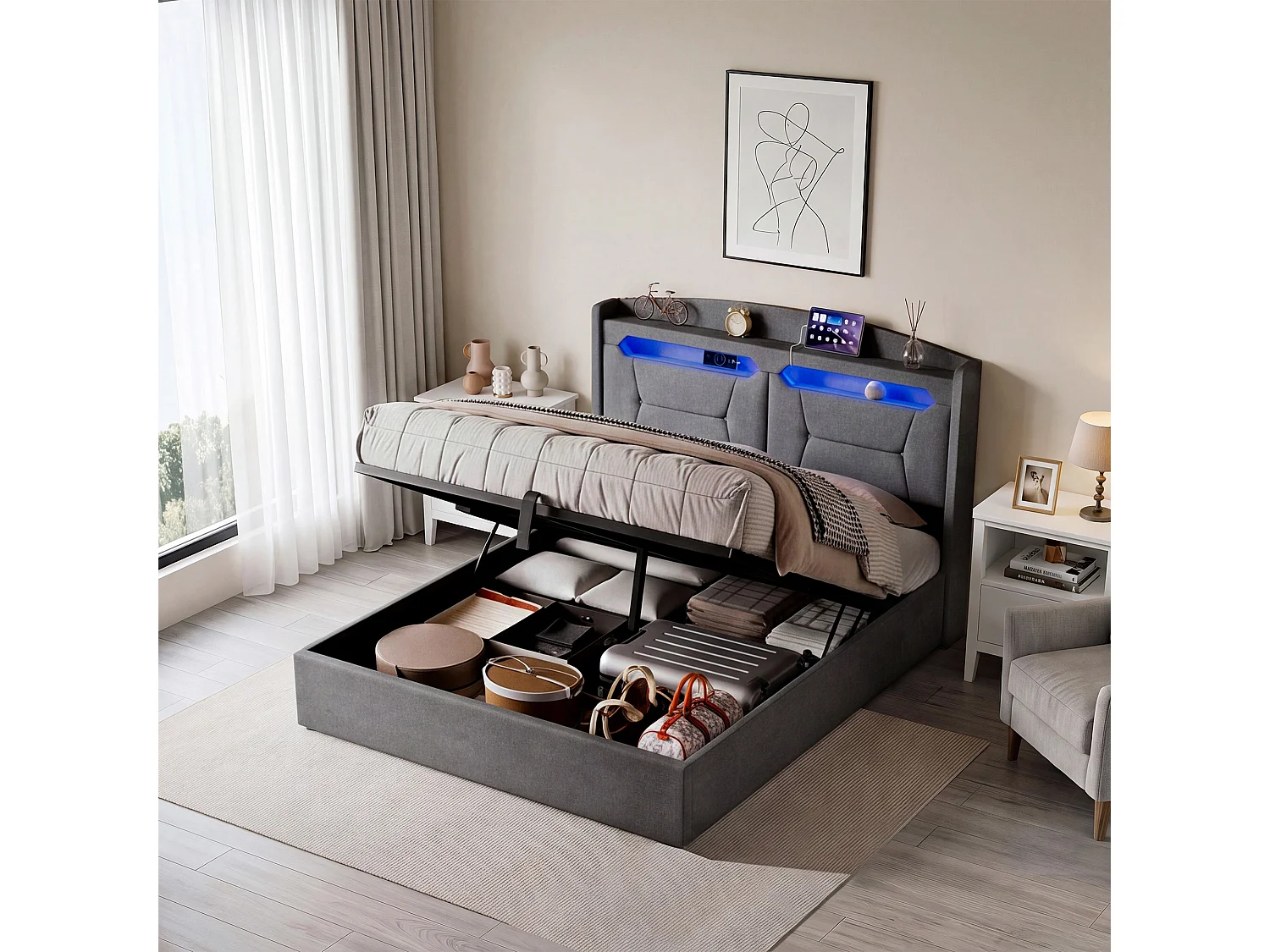 Lit 140x190 avec Sommier,Lit coffre avec LED RGB Réglable,Chargement Sans Fil et Étagère Lits Flottant Rembourré,Gris Tissu Lin