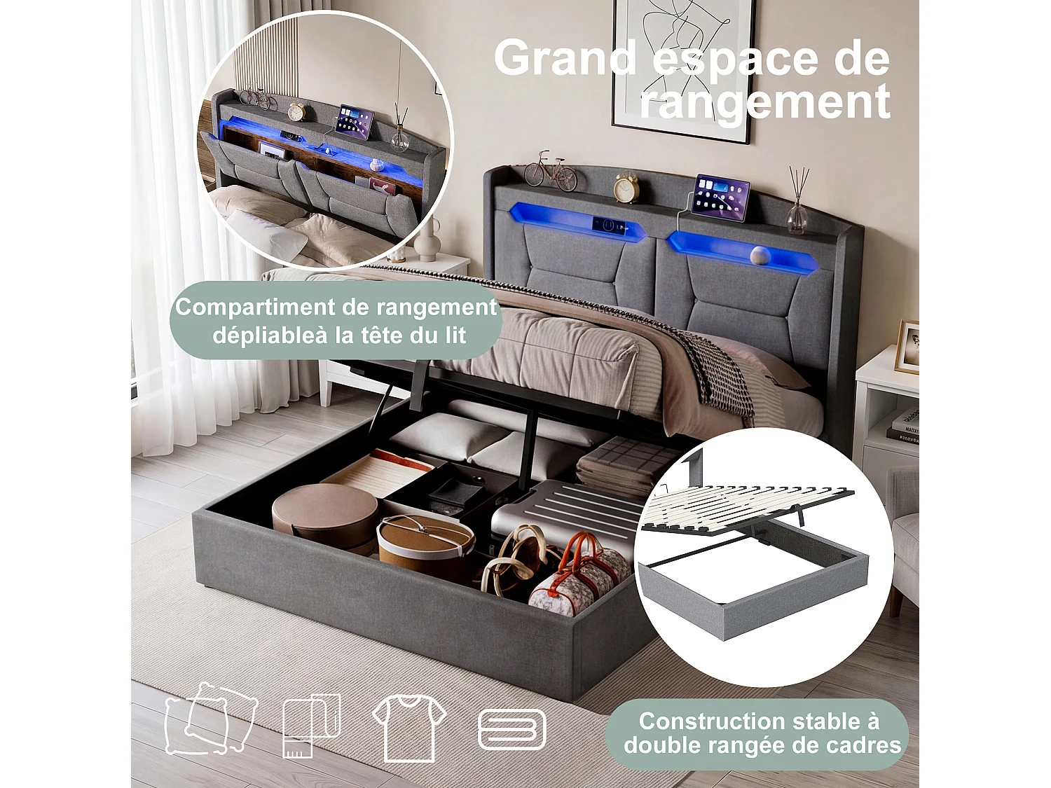 Lit 140x190 avec Sommier,Lit coffre avec LED RGB Réglable,Chargement Sans Fil et Étagère Lits Flottant Rembourré,Gris Tissu Lin