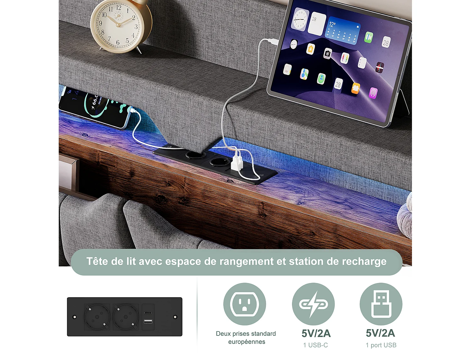 Lit 140x190 avec Sommier,Lit coffre avec LED RGB Réglable,Chargement Sans Fil et Étagère Lits Flottant Rembourré,Gris Tissu Lin
